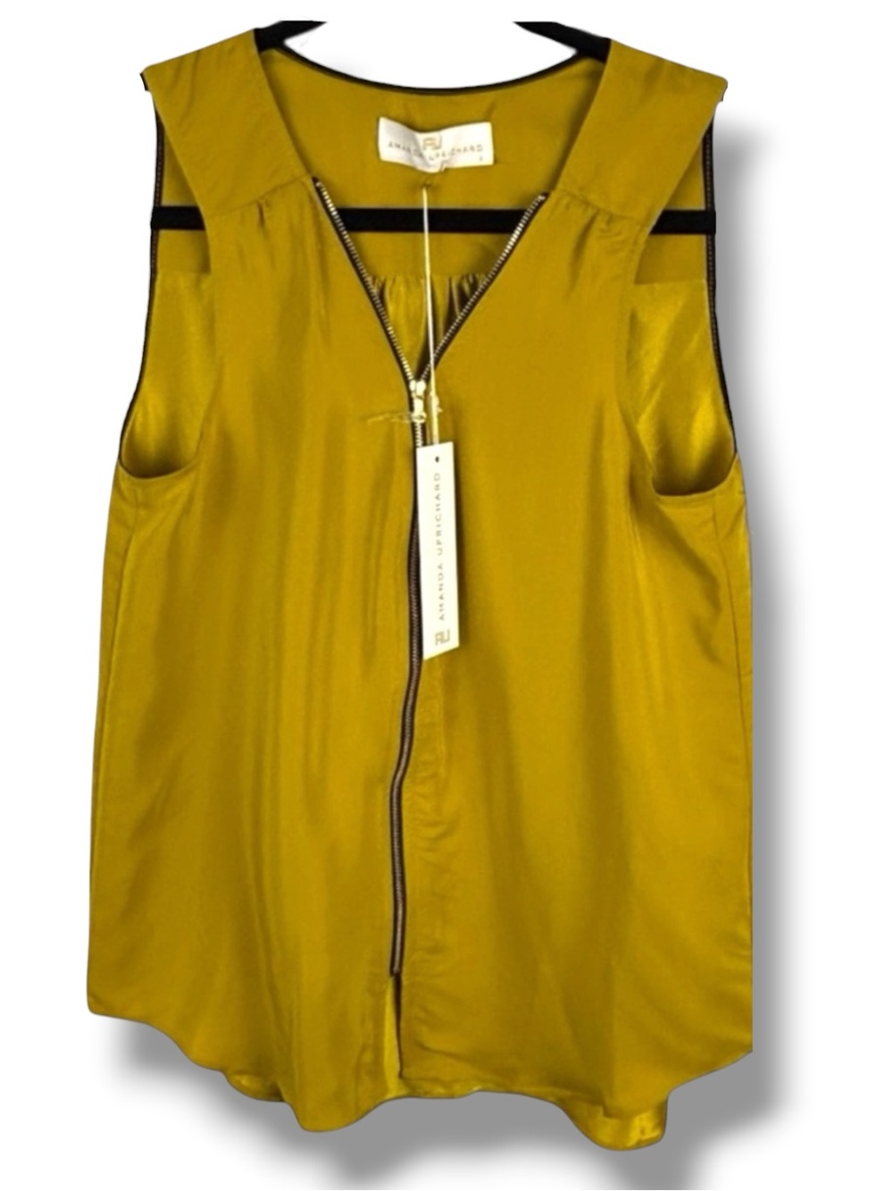 Amanda Uprichard Silk Zip Front Sleeveless Blouse Golden Olive Yellow NWT